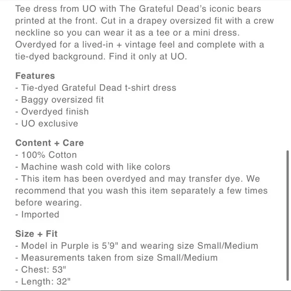 NWT Urban Outfitters Grateful Dead Space Bears Tie-Dye T-Shirt Dress - Picture 4 of 8